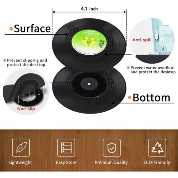 Funny Retro Record Coasters for Drinks with Vinyl Player Holder for Music - Picture 2 of 8